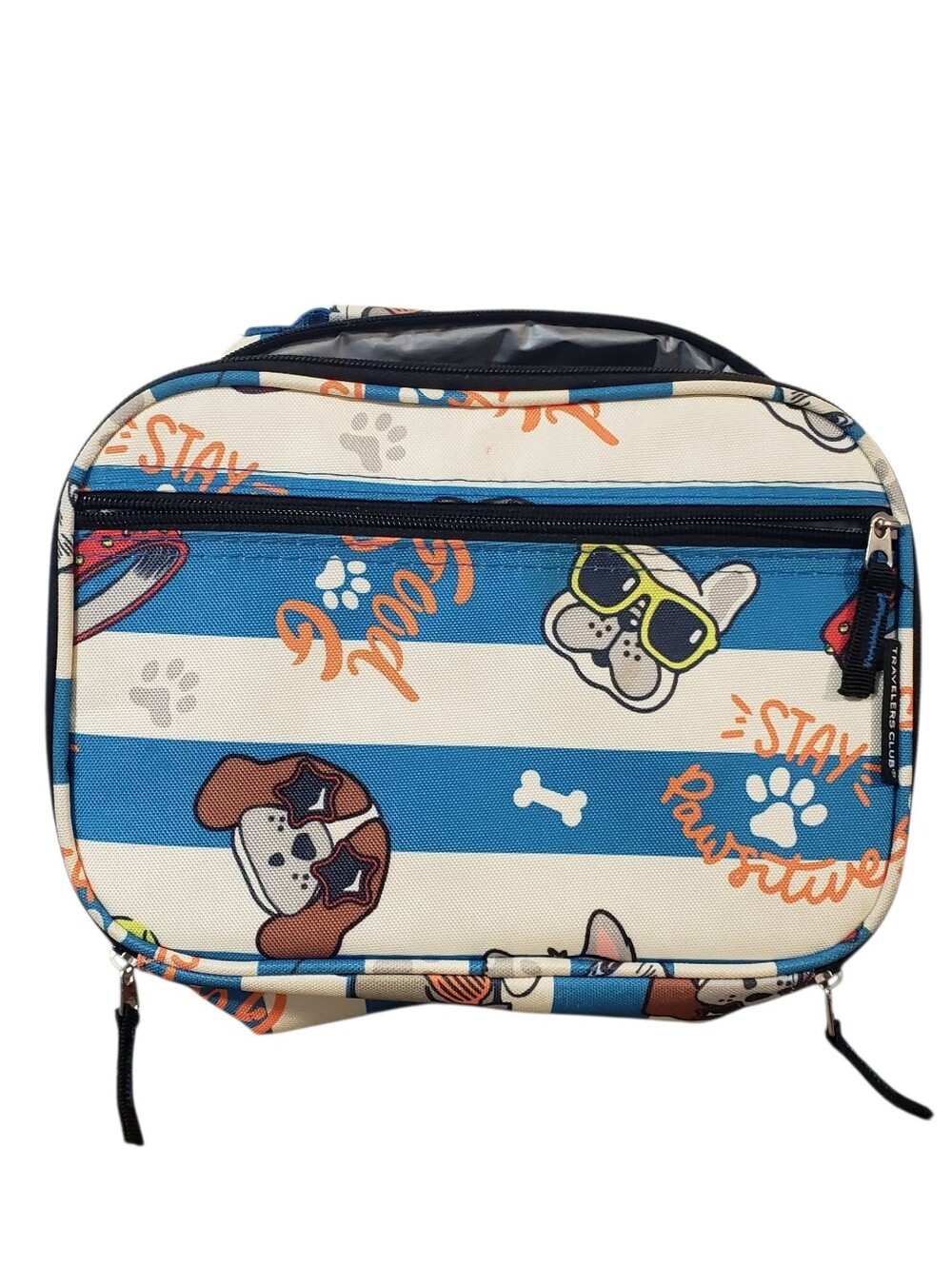 TRAVELERS CLUB Kids Insulated Lunch Box Bag Blue White Stripes Dog Zippered Top